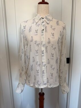 H&M Cream Button-Up Blouse with Gray Bunny Print
